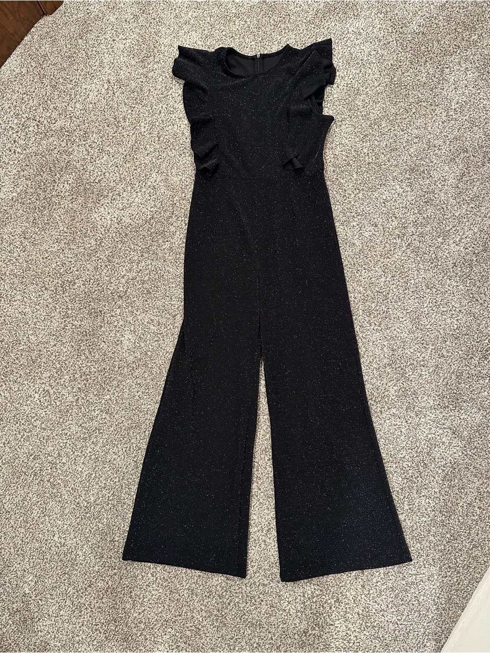 Black Glitter Shimmer Ruffle Sleeve Wide Leg Jumpsuit